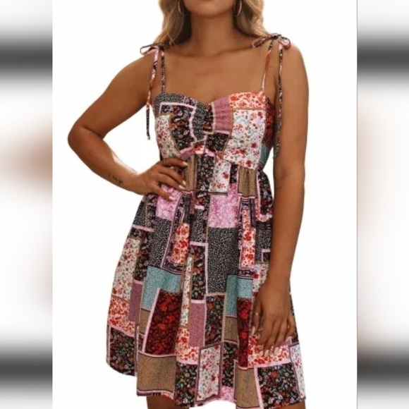 Dress Patchwork Bohemian Mini Dress Floral Adjustable spaghetti straps Size M - Picture 2 of 12